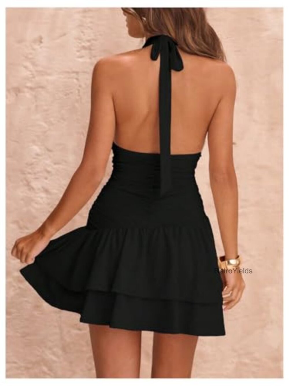Deep V Neck Ruched Halter Mini Dress Tie Front Asymmetrical Party Club Dress - Picture 2 of 5